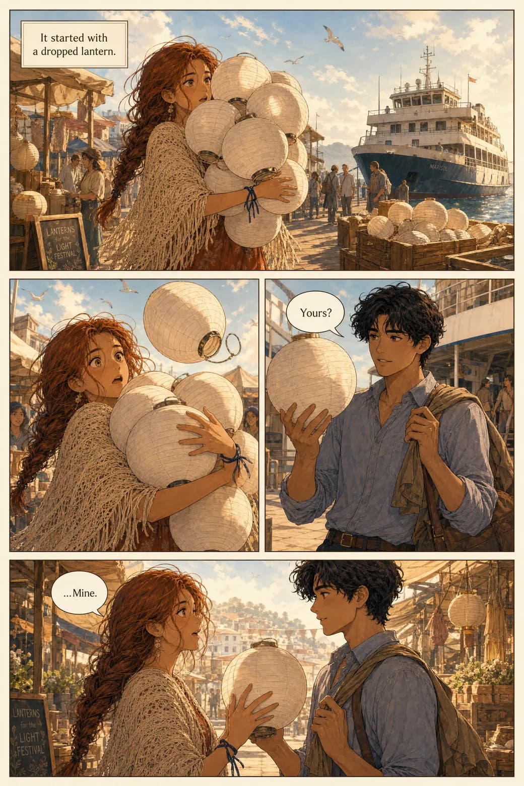Comic page: at a morning harbor market, Isla drops a lantern from her armful and Marlow, just off the ferry, catches it — "Yours?" "...Mine."