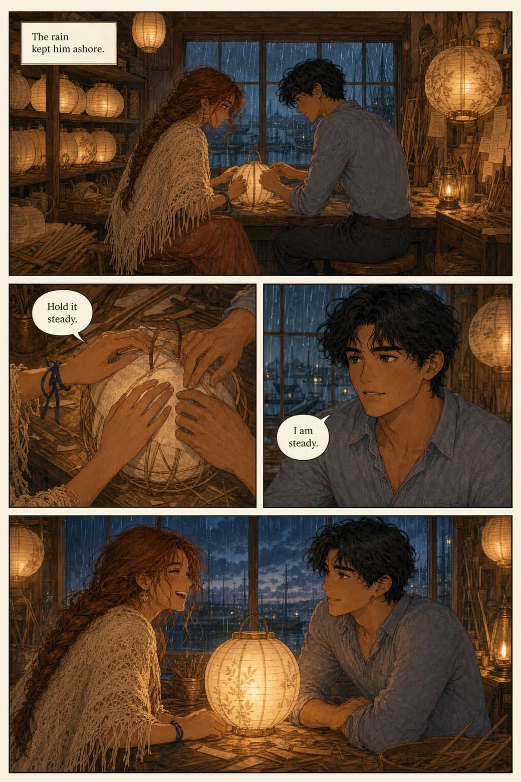 A printed comic page of the workshop scene: Isla and Marlow build a lantern in her workshop on a rainy evening, in a classic panel grid with speech bubbles
