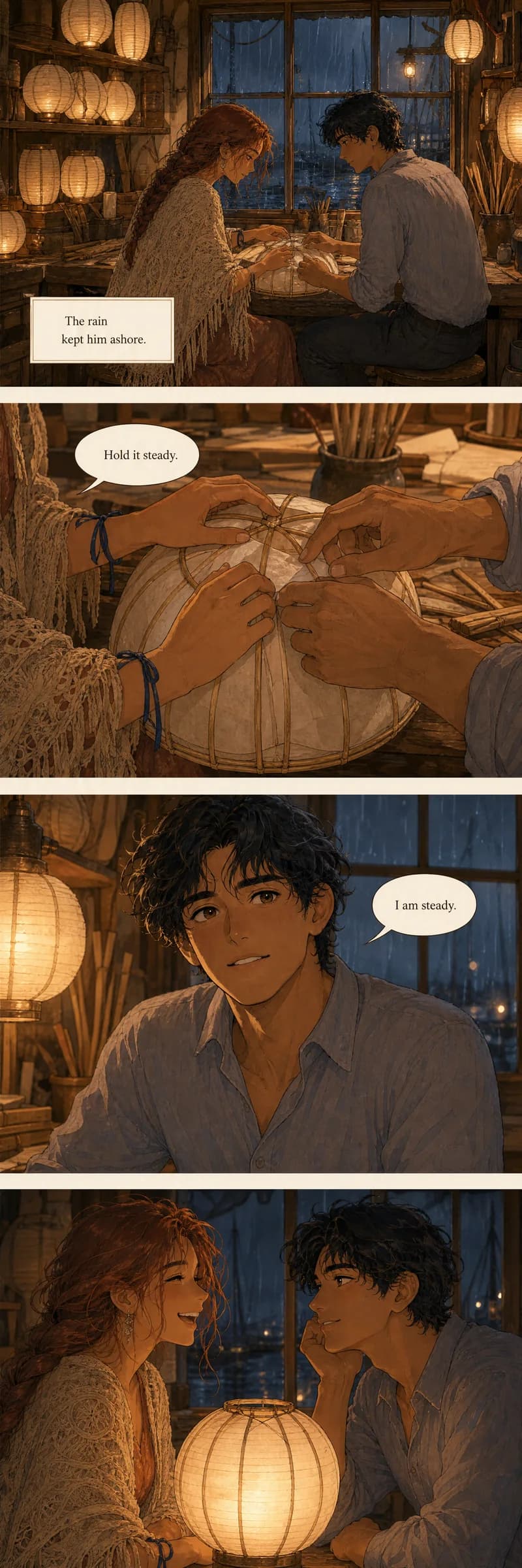 The same workshop scene recomposed as a vertical webtoon strip: four full-width panels flowing top to bottom for the phone scroll