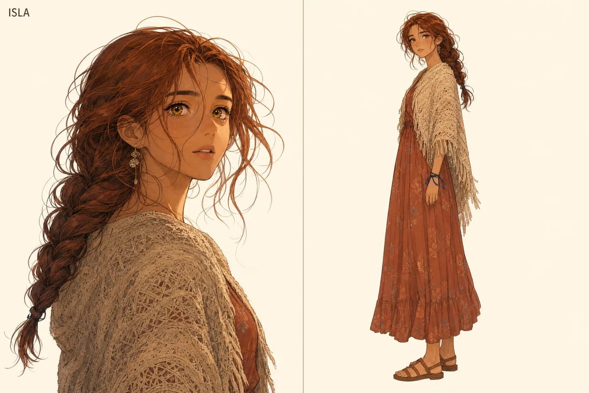 Isla's character reference sheet: close-up face panel beside a full-body view of her cream shawl and terracotta festival dress