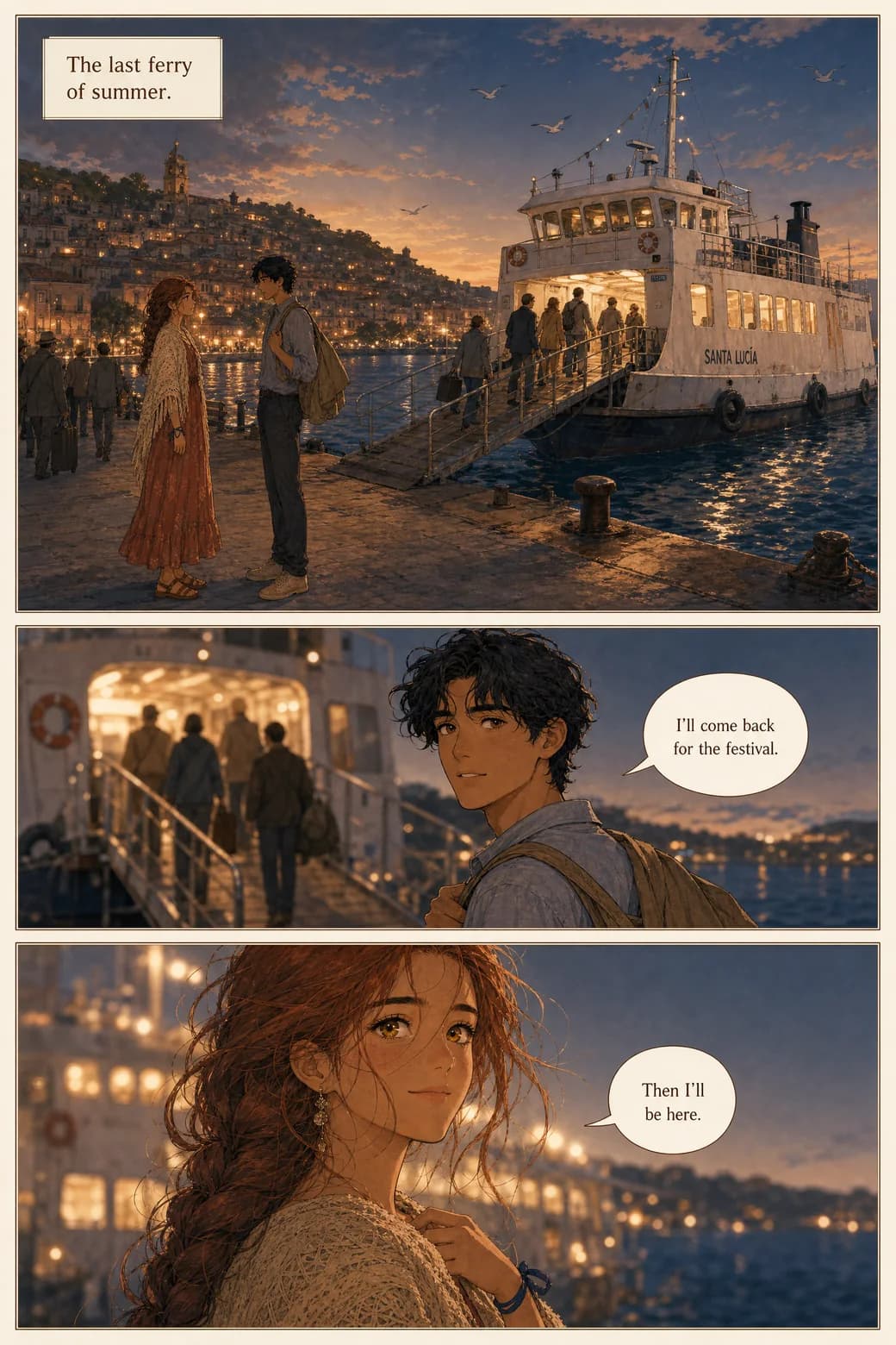 A three-panel comic page at the harbor dock: Marlow boards the last ferry of summer promising to return, Isla answers — lettered in English