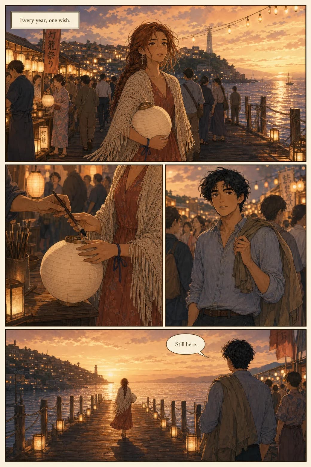 Comic page: Isla arrives at the seaside lantern festival at dusk, writes her wish on a lantern, and Marlow sees her across the crowd