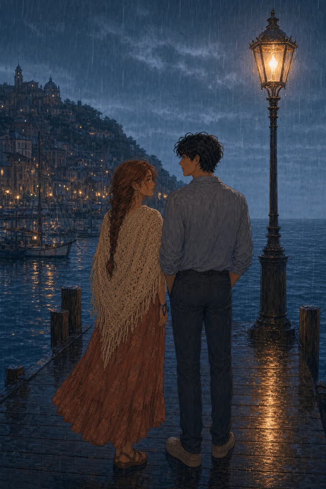 A splash page of Isla and Marlow at the pier's end by a lantern post, in heavy rain under a Prussian-blue sky