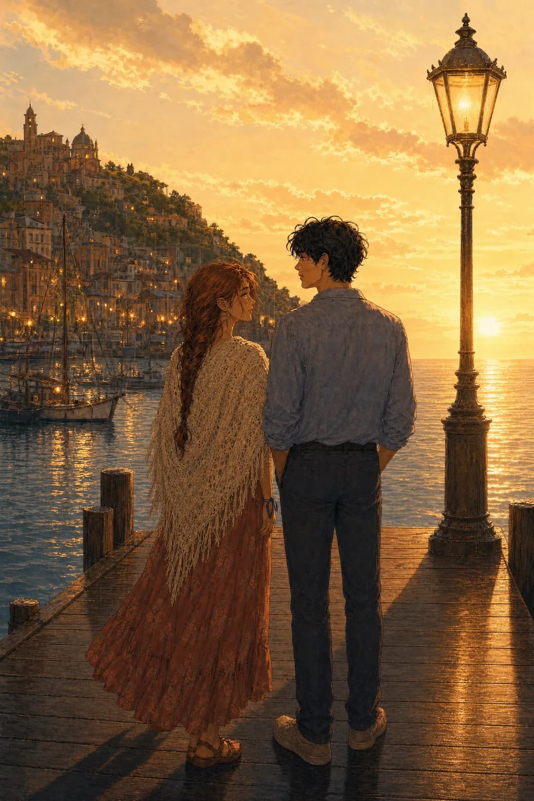 The identical page regenerated at golden sunset — same pier, same poses, same faces, new weather