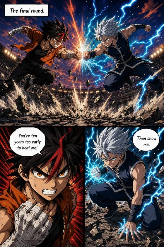 Comic page: two rivals collide mid-air above a tournament arena — shockwave, flying debris, a gritted-teeth close-up and a lightning-wrapped fist