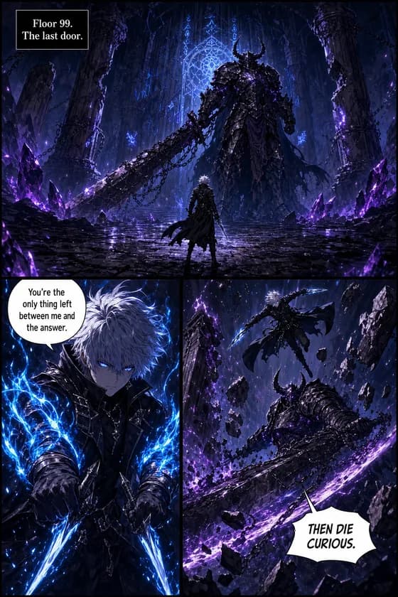 Webtoon page: on Floor 99, a white-haired hunter with glowing blue daggers faces a three-meter horned Warden dragging a chained greatsword