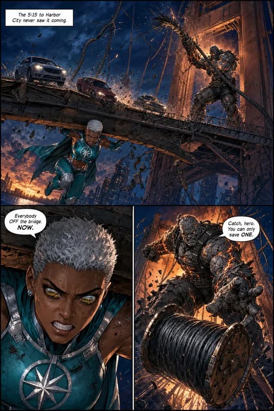 Comic page: a heroine braces a collapsing bridge on her shoulders while a stone-skinned villain hurls a cable spool — a school bus reflected in her eyes
