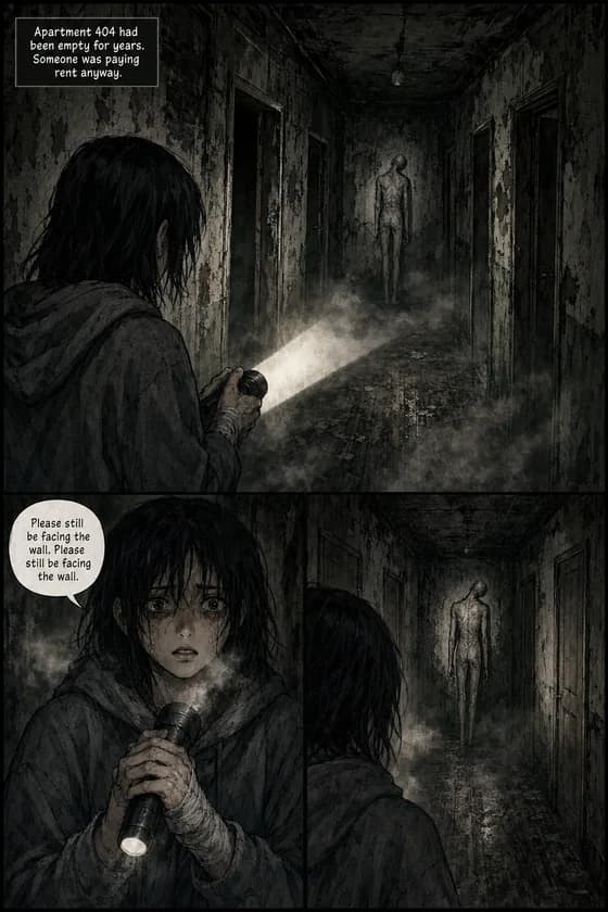 Webtoon page: a decayed apartment corridor in drained ash tones — a flashlight beam and a gaunt faceless figure facing the wall