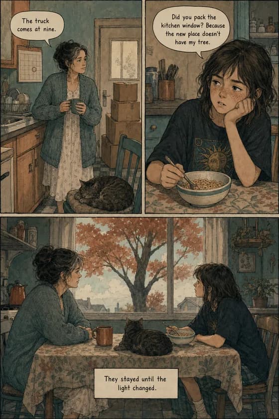 Comic page: a mother and daughter at the kitchen table on moving day, looking out at the maple tree they're leaving behind