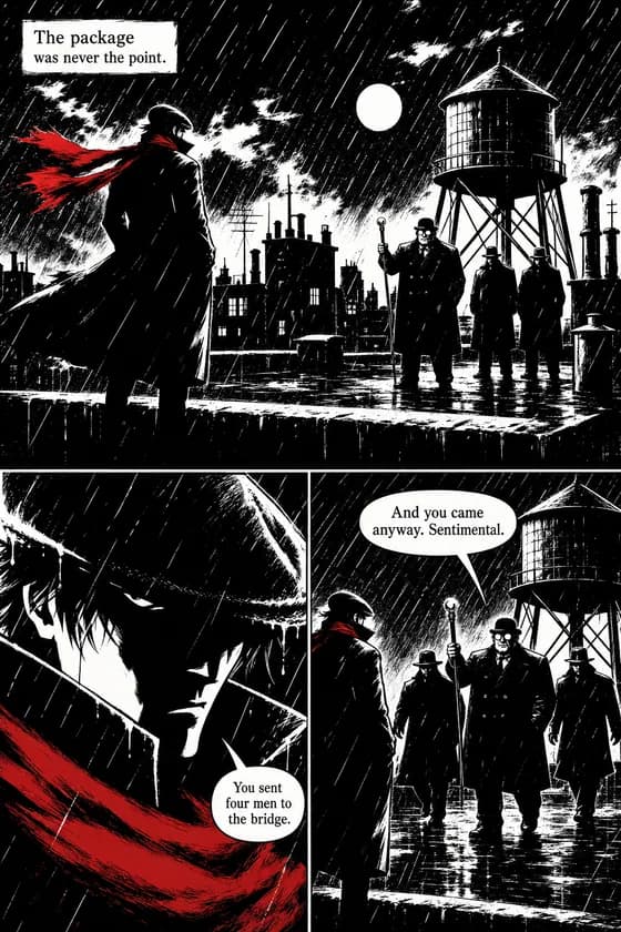 Comic page in pure black-and-white ink: a rooftop standoff in heavy rain under a hard white moon, the courier's single red scarf the only color