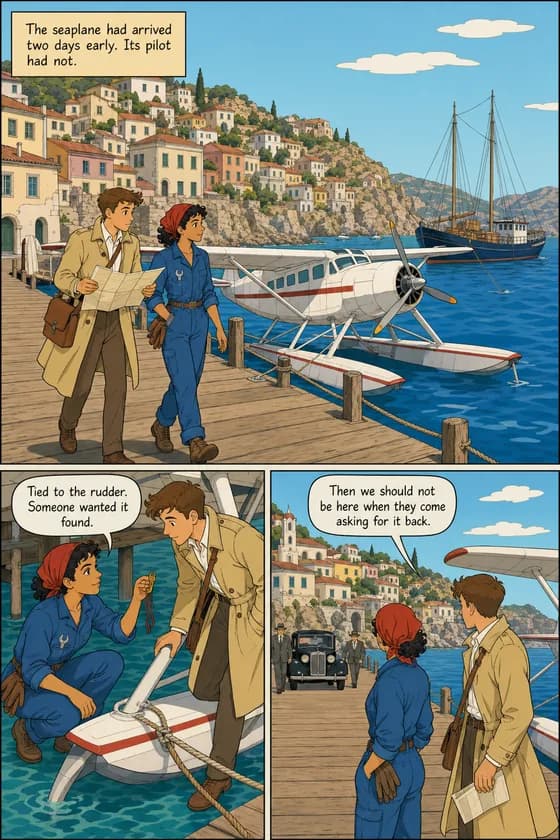 Clear-line comic page: a young reporter and a mechanic find a brass key tied to a moored seaplane in a Mediterranean harbor as a black vintage car arrives