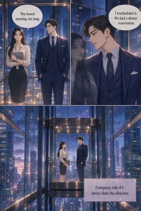 Webtoon page: a CEO and his assistant alone in a glass elevator over the evening skyline, their reflections overlapping in the glass