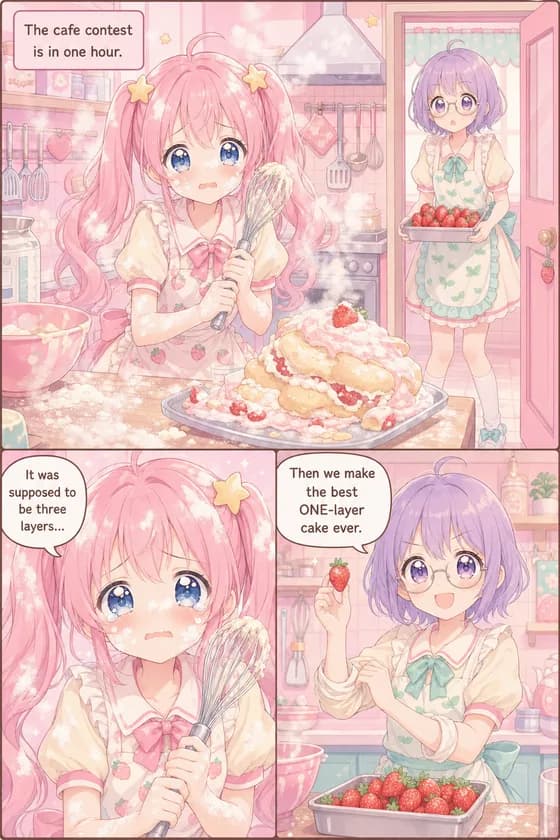Comic page: two café girls face a collapsed cake an hour before the contest — flour clouds, teary giant eyes and strawberry-armed determination