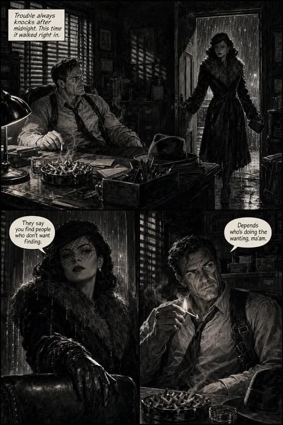 Black-and-white comic page: a midnight office with blind-striped shadows, a veiled woman in the doorway dripping rain, a match flaring behind the desk
