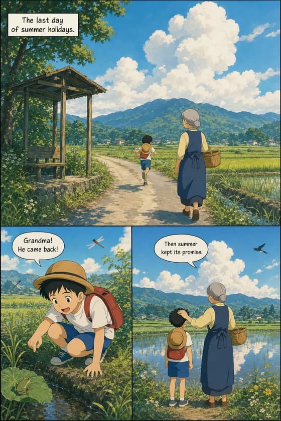 Comic page: a boy and his grandmother on a countryside road under giant painted summer clouds, rice fields and a frog by the ditch
