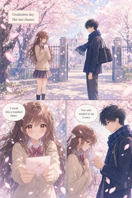 Comic page: a graduation-day confession under full cherry blossoms — a letter offered with both hands, petals drifting through pink light