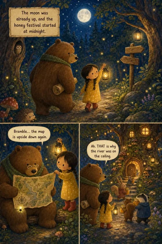 Storybook page: a little girl and a spectacled bear follow an upside-down map through a moonlit forest to a glowing oak-tree door