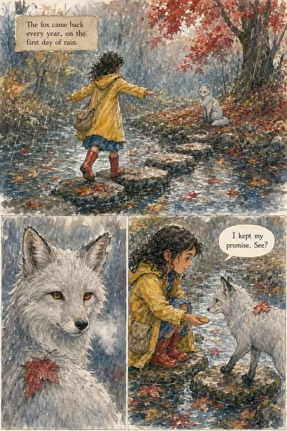 Watercolor comic page: a girl in a yellow raincoat crossing stepping stones toward a pale silver fox in an autumn forest stream